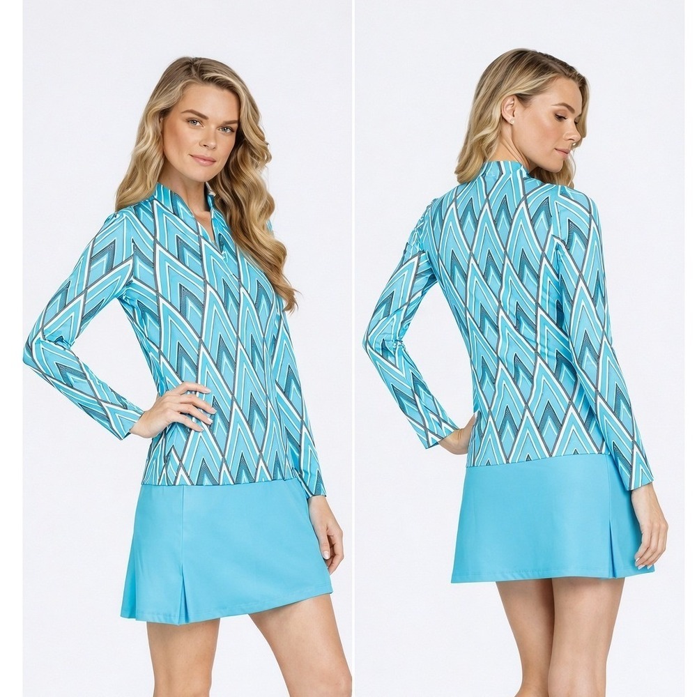 Tail Activewear Whelma Chevron Top Cool Blue Geometric Mock Neck UPF 50 SZ Small